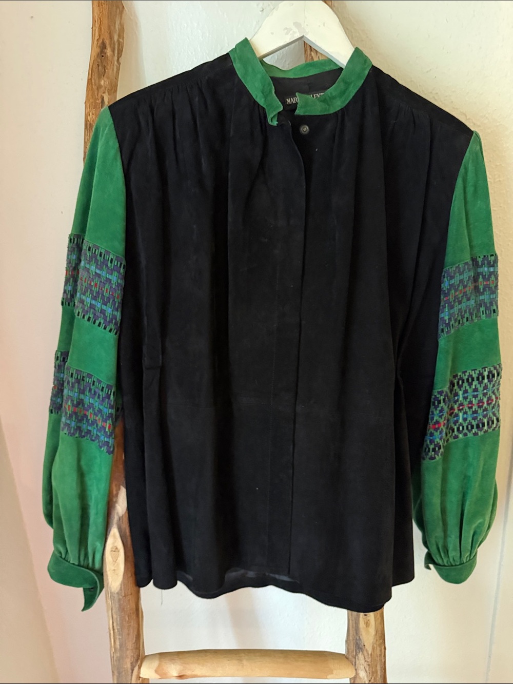 Mario Valentino Vintage Black Suede Jacket with Green Colorful Woven Sleeves 8 L